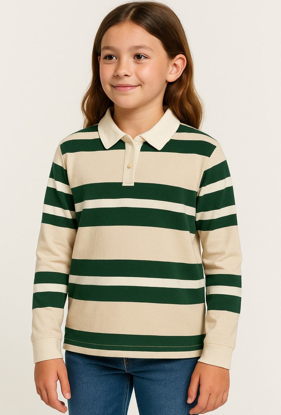Volcom Volarco Long Sleeve Polo Shirt L 100% Cotton Boxy Striped Cream Green